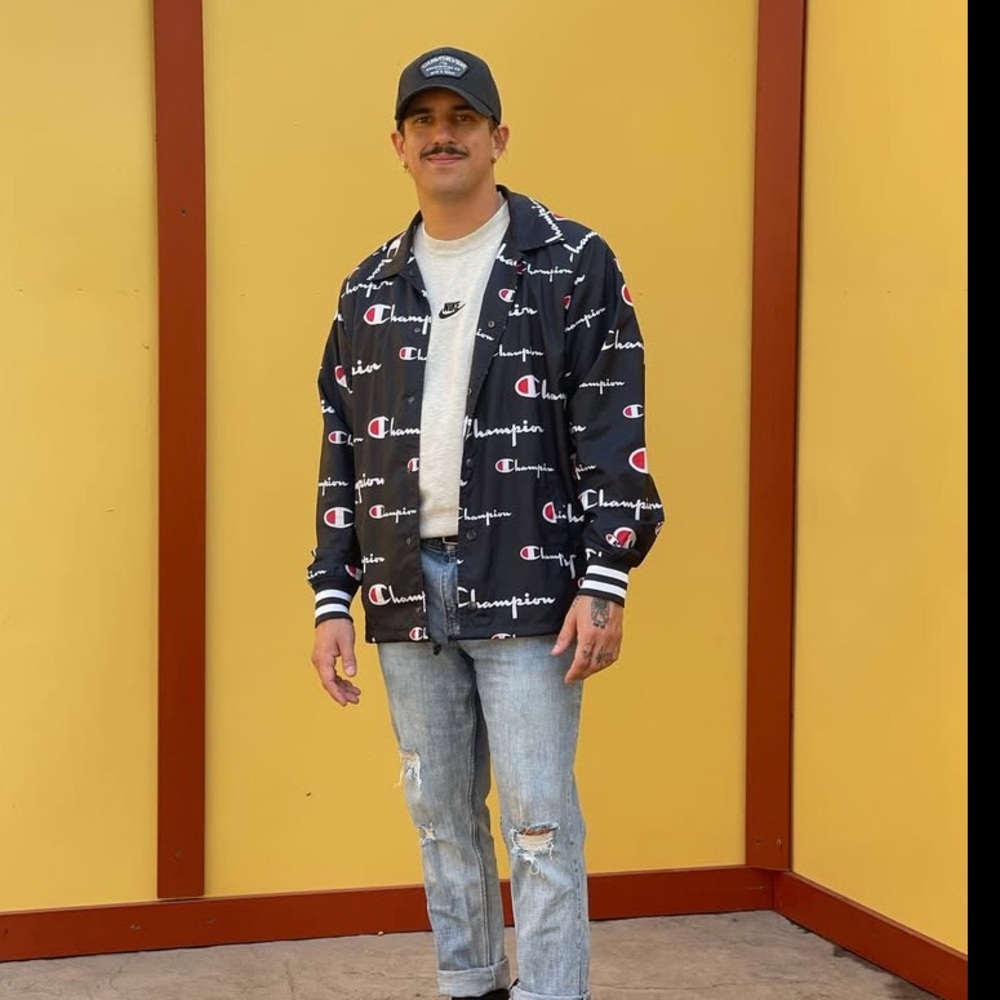 Champion Satin Nylon Coaches All Over Logo Printed Snap Up Bomber Jacket Black